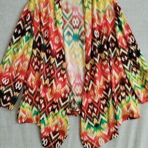 Open Cardigan Abstract Print Orange Draped Front Soft Stretch